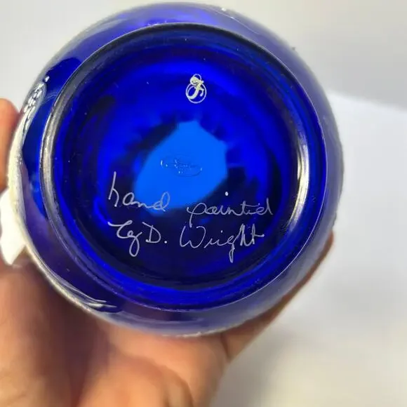 Fenton Inverted Ruffle Rose Bowl Cobalt Winter Scene Hand Painted GD Wright - Picture 3 of 9